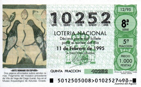 Décimo de Lotería Nacional de 1995 Sorteo 12 - «ARTE ROMANO EN ESPAÑA» - FRAGMENTO DE MOSAICO DE VILLA DE VEGA DEL CIEGO