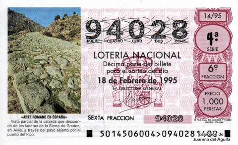 Décimo de Lotería Nacional de 1995 Sorteo 14 - «ARTE ROMANO EN ESPAÑA» - CALZADA SIERRA DE GREDOS (ÁVILA)