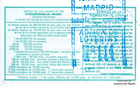 Reverso del décimo de Lotería Nacional de 1995 Sorteo 18