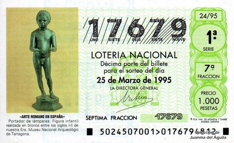 Décimo de Lotería Nacional de 1995 Sorteo 24 - «ARTE ROMANO EN ESPAÑA» - PORTADOR DE LÁMPARAS