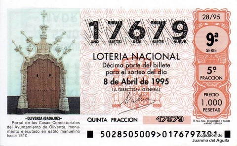 Décimo de Lotería Nacional de 1995 Sorteo 28 - «OLIVENZA (BADAJOZ)»