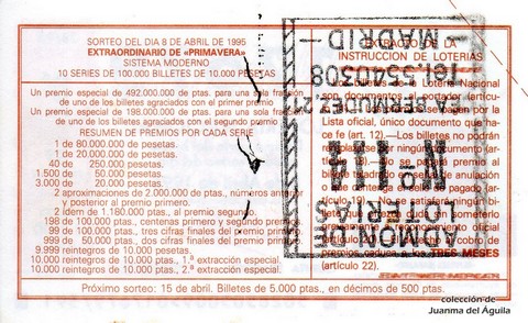 Reverso del décimo de Lotería Nacional de 1995 Sorteo 28