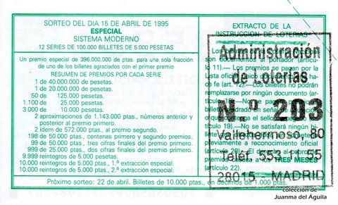 Reverso del décimo de Lotería Nacional de 1995 Sorteo 30