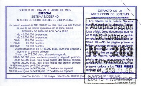 Reverso del décimo de Lotería Nacional de 1995 Sorteo 34