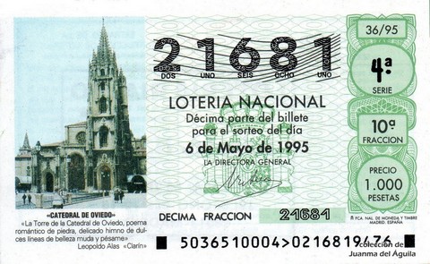 Décimo de Lotería Nacional de 1995 Sorteo 36 - «CATEDRAL DE OVIEDO»