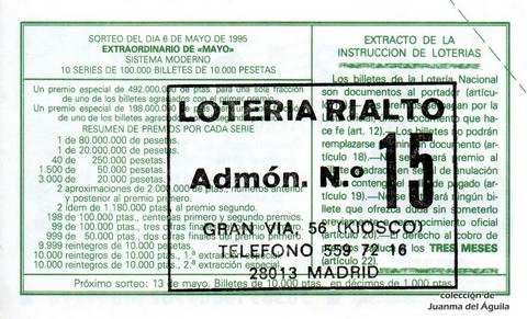 Reverso del décimo de Lotería Nacional de 1995 Sorteo 36