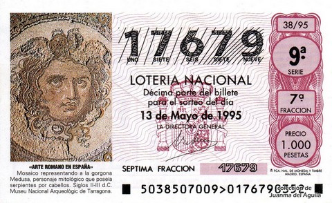 Décimo de Lotería Nacional de 1995 Sorteo 38 - «ARTE ROMANO EN ESPAÑA» - MOSAICO REPRESENTANDO A LA GORGONA MEDUSA