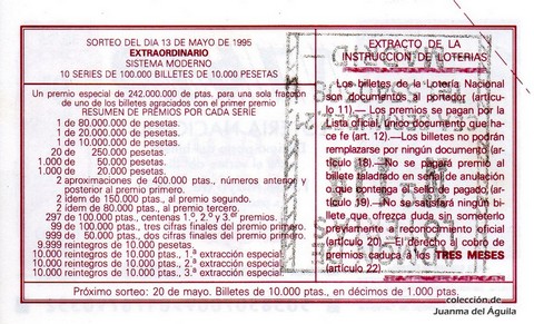 Reverso del décimo de Lotería Nacional de 1995 Sorteo 38