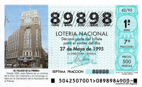 Décimo de Lotería Nacional de 1995 Sorteo 42 - «EL PALACIO DE LA PRENSA»