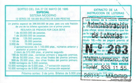 Reverso del décimo de Lotería Nacional de 1995 Sorteo 42