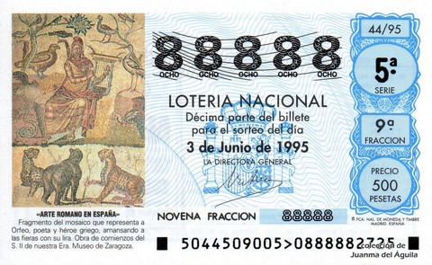 Décimo de Lotería Nacional de 1995 Sorteo 44 - «ARTE ROMANO EN ESPAÑA» - FRAGMENTO DEL MOSAICO QUE REPRESENTA A ORFEO