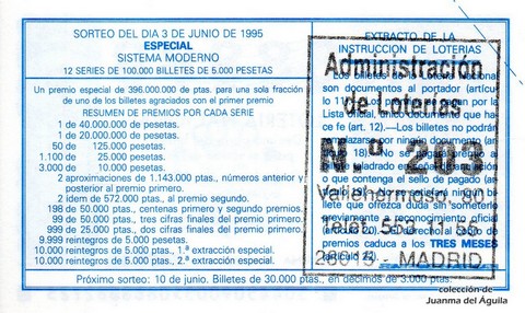Reverso del décimo de Lotería Nacional de 1995 Sorteo 44