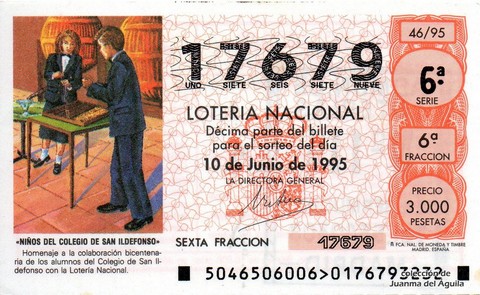 Décimo de Lotería Nacional de 1995 Sorteo 46 - «NIÑOS DEL COLEGIO DE SAN ILDEFONSO»