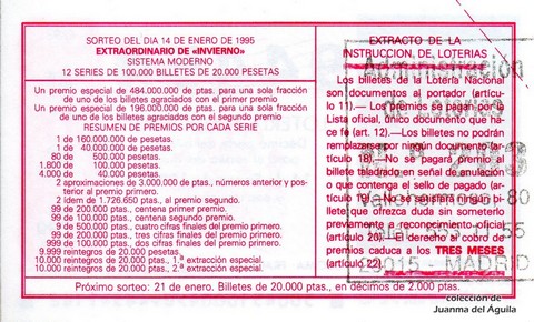 Reverso del décimo de Lotería Nacional de 1995 Sorteo 4