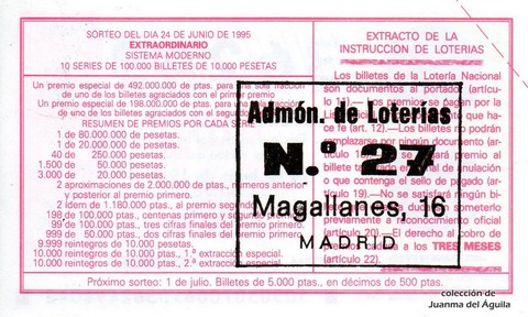 Reverso del décimo de Lotería Nacional de 1995 Sorteo 50