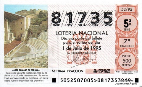 Décimo de Lotería Nacional de 1995 Sorteo 52 - «ARTE ROMANO EN ESPAÑA» - TEATRO DE SAGUNTO (VALENCIA)