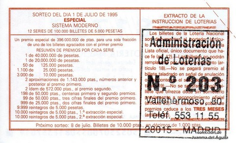 Reverso del décimo de Lotería Nacional de 1995 Sorteo 52