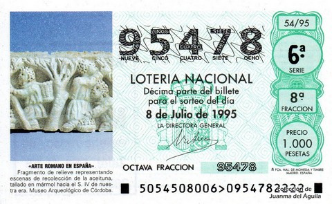 Décimo de Lotería Nacional de 1995 Sorteo 54 - «ARTE ROMANO EN ESPAÑA» - FRAGMENTO DE RELIEVE DE RECOLECCIÓN DE LA ACEITUNA