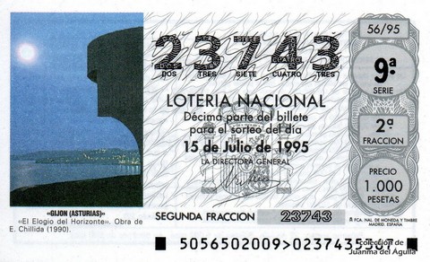 Décimo de Lotería Nacional de 1995 Sorteo 56 - «GIJON (ASTURIAS)»