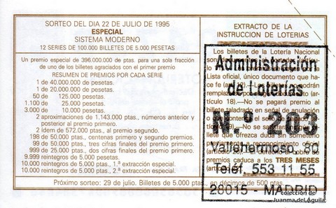 Reverso del décimo de Lotería Nacional de 1995 Sorteo 58