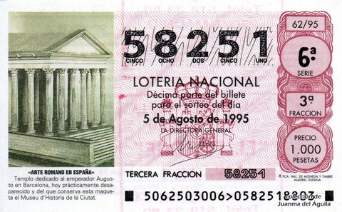 Décimo de Lotería Nacional de 1995 Sorteo 62 - «ARTE ROMANO EN ESPAÑA» - TEMPLO DEDICADO AL EMPERADOR AUGUSTO EN BARCELONA