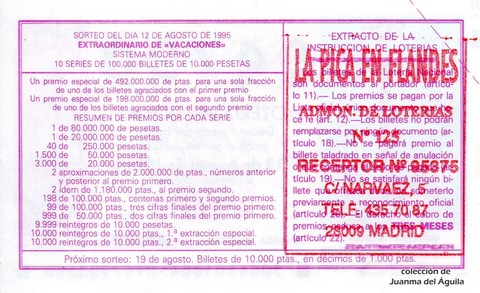 Reverso del décimo de Lotería Nacional de 1995 Sorteo 64