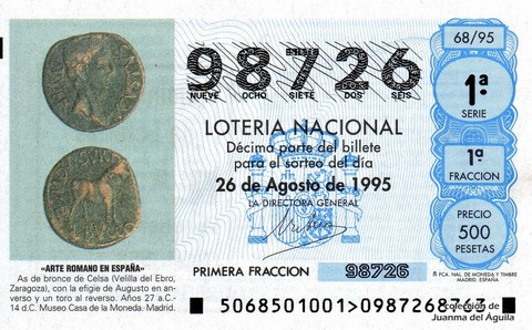 Décimo de Lotería Nacional de 1995 Sorteo 68 - «ARTE ROMANO EN ESPAÑA» - AS DE BRONCE DE CELSA (VELILLA DEL EBRO, ZARAGOZA)