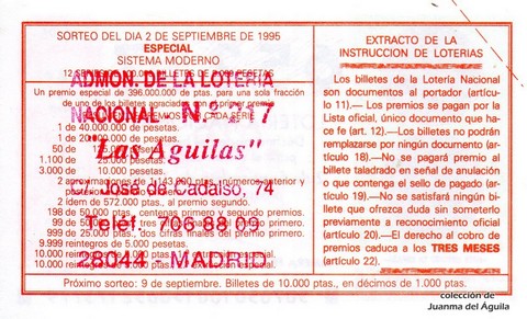 Reverso del décimo de Lotería Nacional de 1995 Sorteo 70