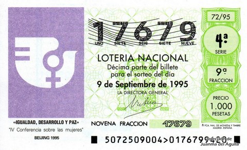 Décimo de Lotería Nacional de 1995 Sorteo 72 - «IGUALDAD, DESARROLLO Y PAZ»