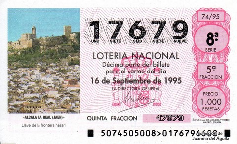 Décimo de Lotería Nacional de 1995 Sorteo 74 - «ALCALA LA REAL (JAEN)»