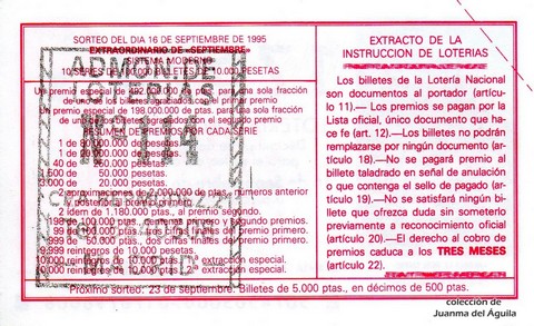 Reverso del décimo de Lotería Nacional de 1995 Sorteo 74