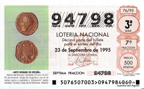 Décimo de Lotería Nacional de 1995 Sorteo 76 - «ARTE ROMANO EN ESPAÑA» - SEMIS DE BRONCE.