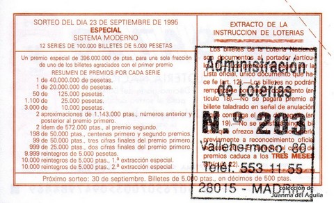 Reverso del décimo de Lotería Nacional de 1995 Sorteo 76