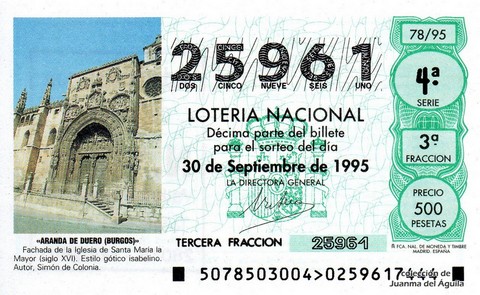 Décimo de Lotería Nacional de 1995 Sorteo 78 - «ARANDA DE DUERO (BURGOS)»