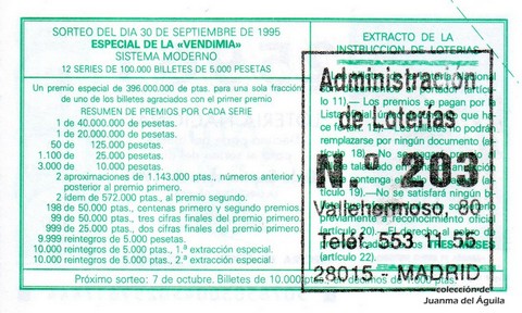 Reverso del décimo de Lotería Nacional de 1995 Sorteo 78