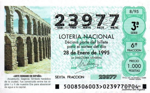 Décimo de Lotería Nacional de 1995 Sorteo 8 - «ARTE ROMANO EN ESPAÑA» - ACUEDUCTO (SEGOVIA)