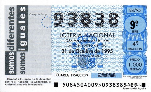 Décimo de Lotería Nacional de 1995 Sorteo 84 - SOMOS DIFERENTES, SOMOS IGUALES. CONSEJO DE EUROPA