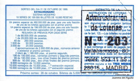 Reverso del décimo de Lotería Nacional de 1995 Sorteo 84