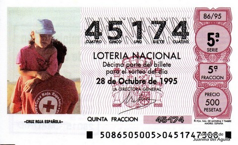 Décimo de Lotería Nacional de 1995 Sorteo 86 - «CRUZ ROJA ESPAÑOLA»