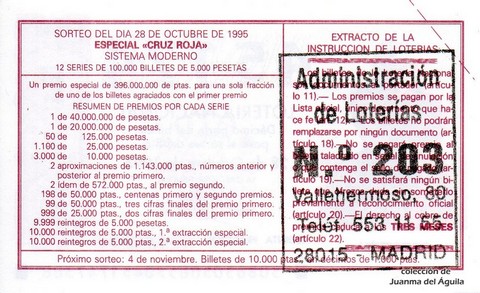 Reverso del décimo de Lotería Nacional de 1995 Sorteo 86