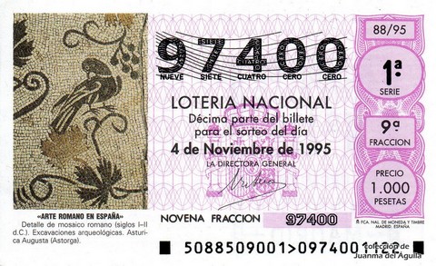 Décimo de Lotería Nacional de 1995 Sorteo 88 - «ARTE ROMANO EN ESPAÑA» - DETALLE DE MOSAICO ROMANO