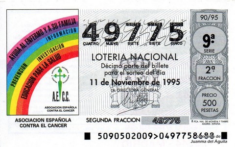 Décimo de Lotería Nacional de 1995 Sorteo 90 - ASOCIACION ESPAÑOLA CONTRA EL CANCER