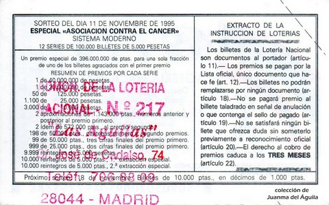 Reverso del décimo de Lotería Nacional de 1995 Sorteo 90