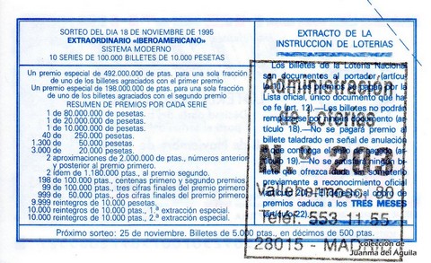 Reverso del décimo de Lotería Nacional de 1995 Sorteo 92