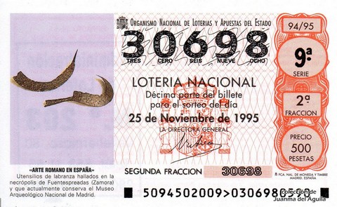 Décimo de Lotería Nacional de 1995 Sorteo 94 - «ARTE ROMANO EN ESPAÑA» - UTENSILIOS DE LABRANZA