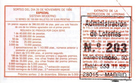 Reverso del décimo de Lotería Nacional de 1995 Sorteo 94