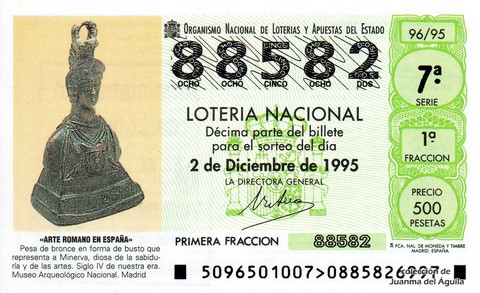 Décimo de Lotería Nacional de 1995 Sorteo 96 - «ARTE ROMANO EN ESPAÑA» - PESA DE BRONCE EN FORMA DE BUSTO