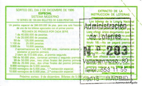 Reverso del décimo de Lotería Nacional de 1995 Sorteo 96