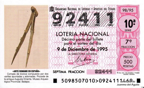 Décimo de Lotería Nacional de 1995 Sorteo 98 - «ARTE ROMANO EN ESPAÑA» - COMPÁS DE BRONCE