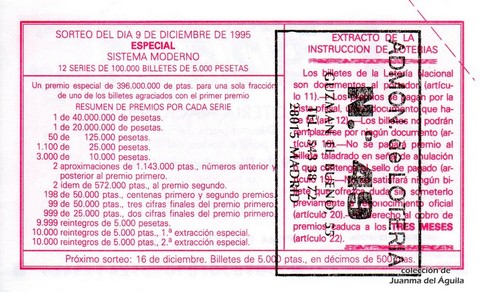 Reverso del décimo de Lotería Nacional de 1995 Sorteo 98